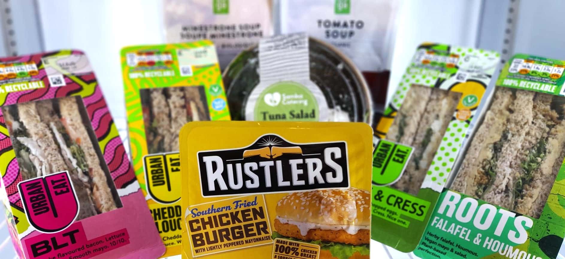 Photo of ready to packaged sandwiches, burgers and meal choices