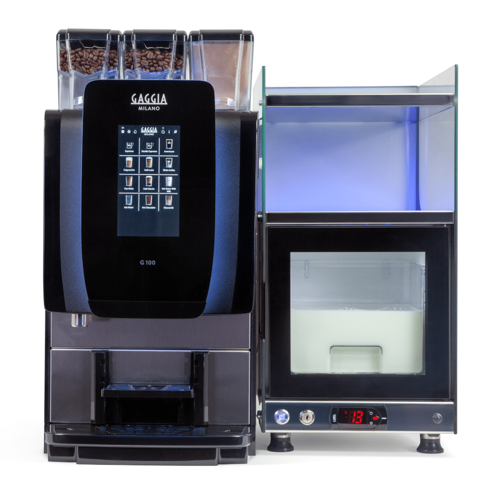 Gaggia G100 vending machine serving hot drinks with separate bean and powder containers, and milk section