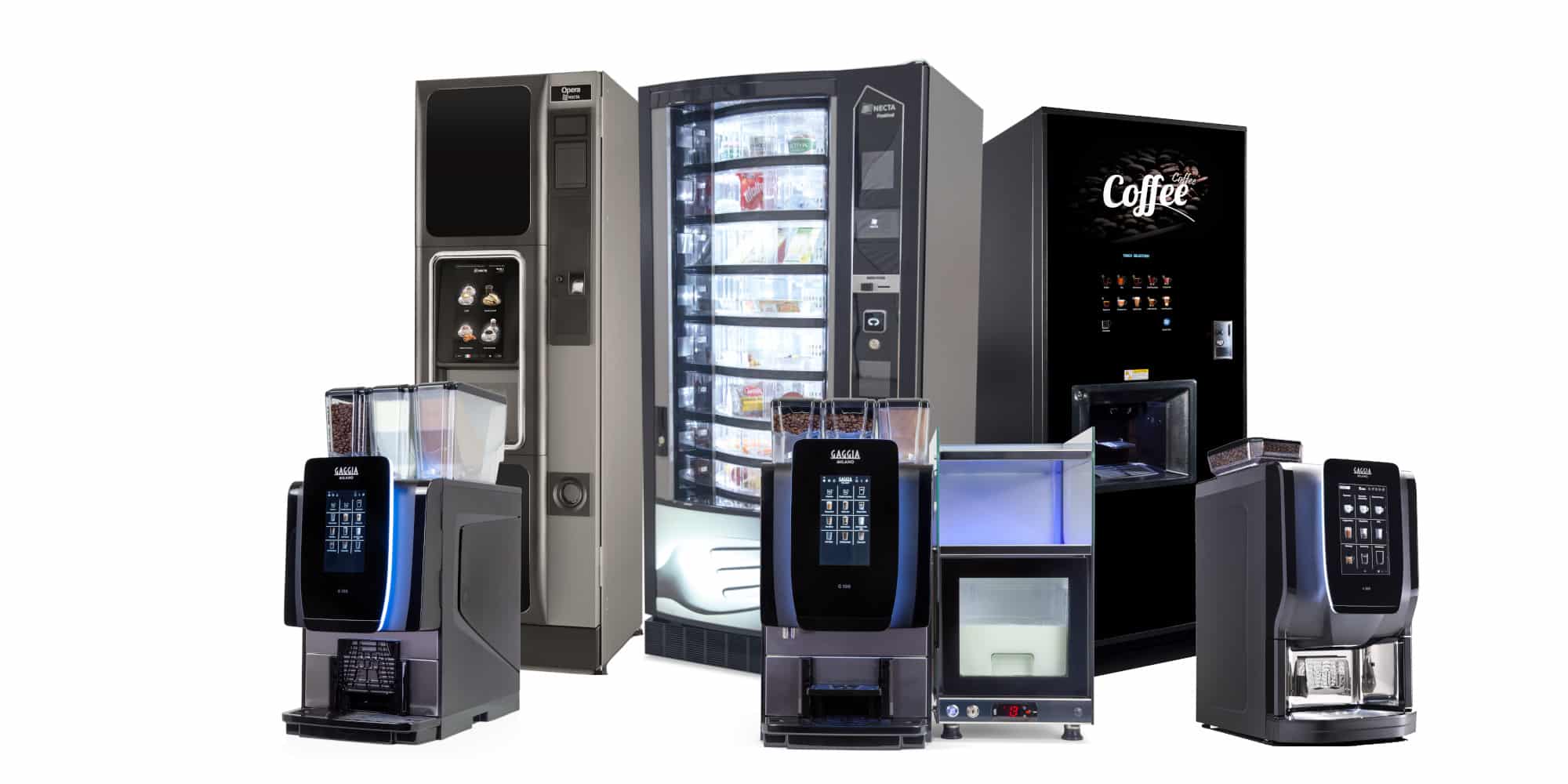 Grouped vending machines including hot drinks like coffee, cold drinks and snacks