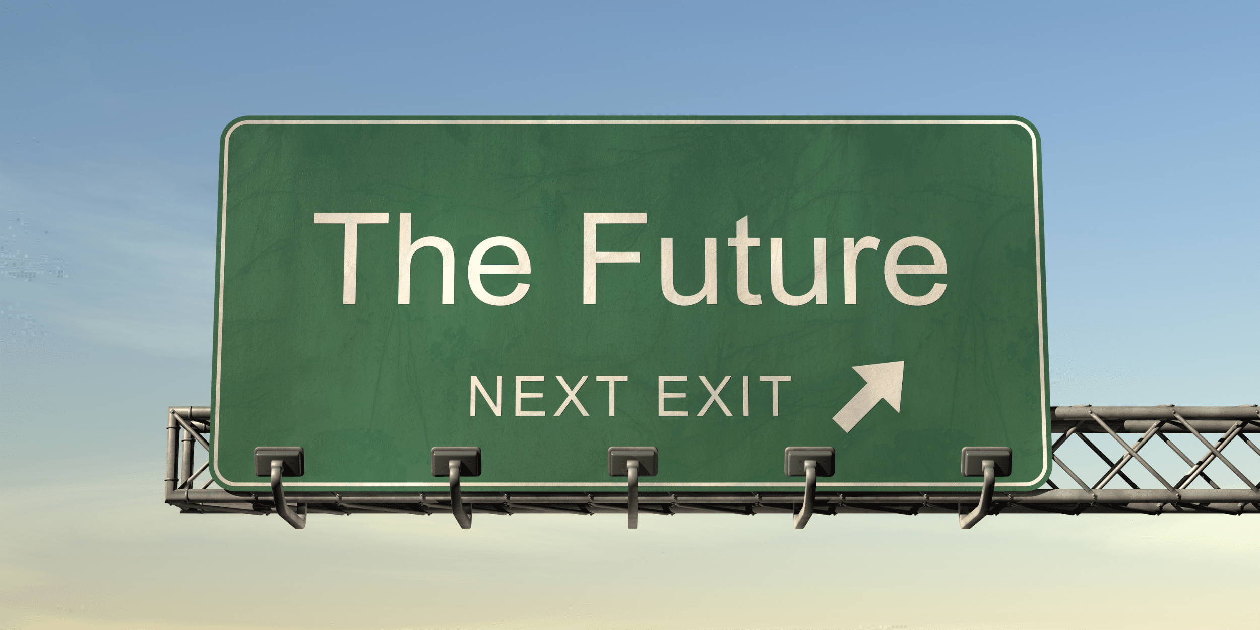Green road sign directing to The Future at the next exit